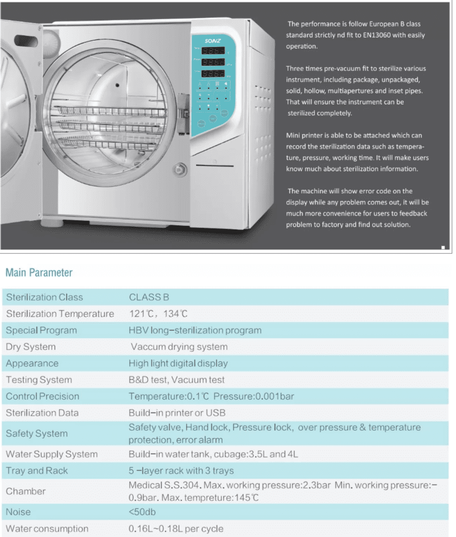 Visual expression of features of SONZ Melody B Class (23L) Autoclave 